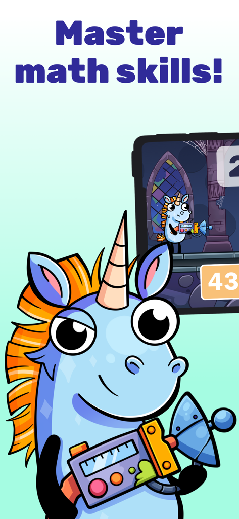 Math games: Zombie Invasion - A blue cartoon unicorn character from Math games Zombie Invasion holding a gadget