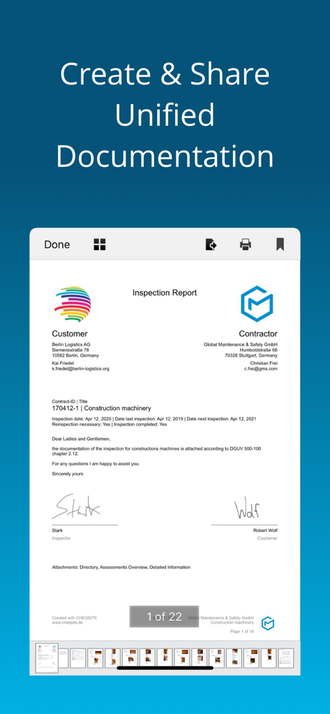 A digital inspection report preview with signatures and contractor details in the Heavy Equipment Inspection app