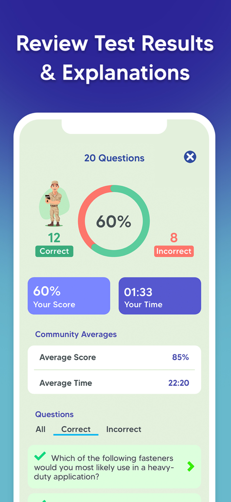 ASVAB Practice Prep Test 2025 - ASVAB practice test results screen showing score percentage time and community averages