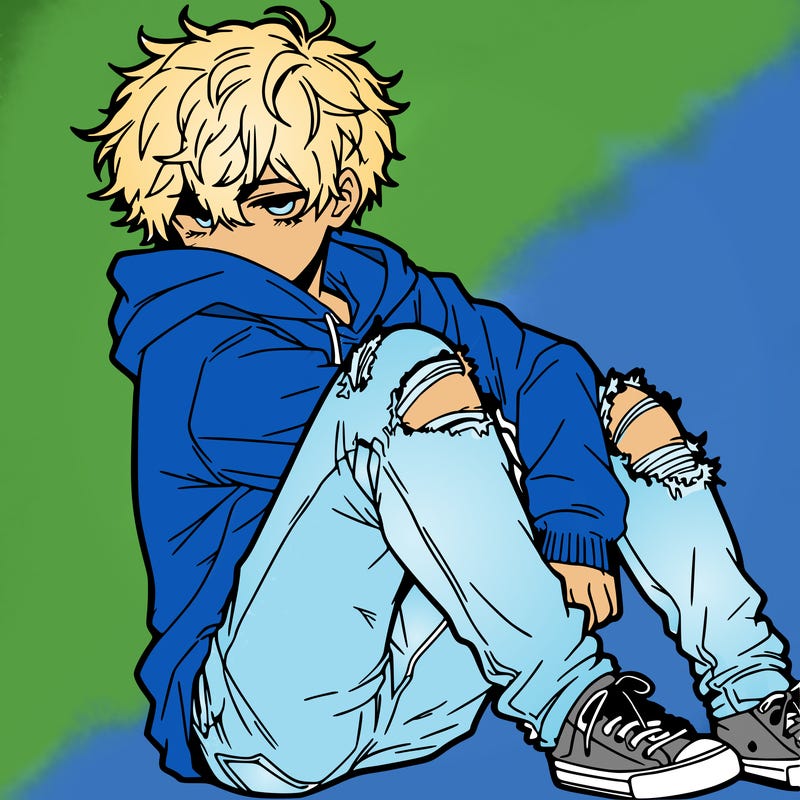 a male hoddie ripped jeans messy hair anime