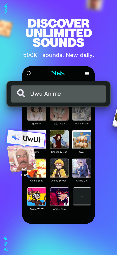 Voicemod mobile app interface showing a search for anime meme sounds and a custom soundboard library.