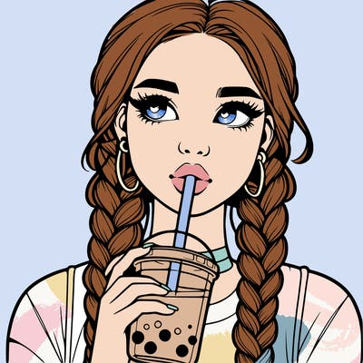 realistic girl with braided hair drinking boba