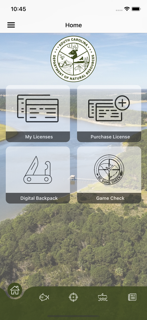 GoOutdoorsSC - GoOutdoorsSC mobile app home screen featuring license management and game reporting tools