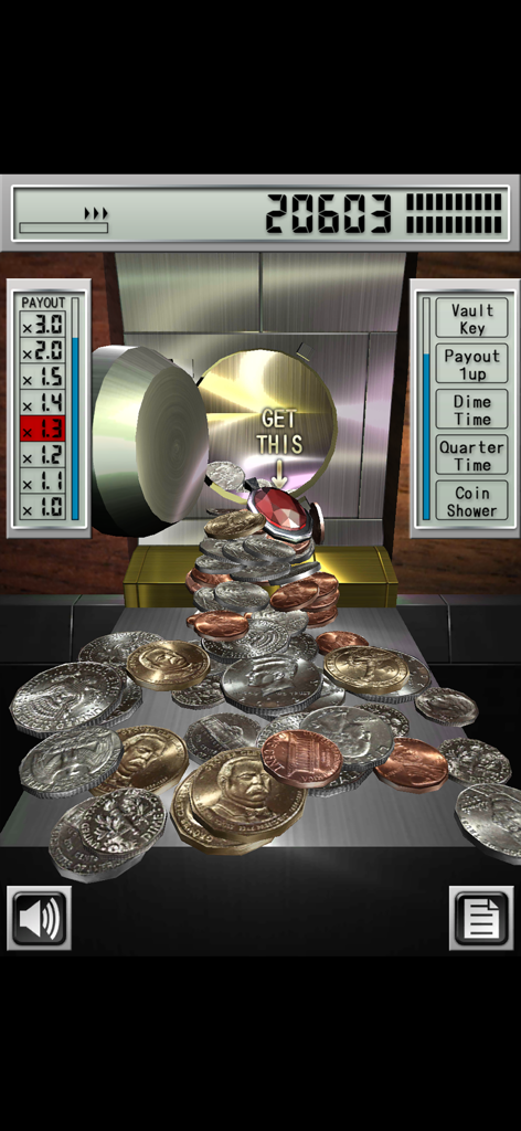Gameplay screenshot of Money Pusher USD showing realistic US coins falling from a metal vault