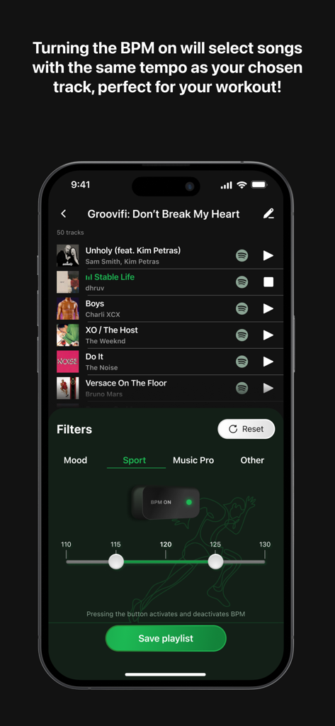 Groovifi - Playlist Generator - Groovifi app interface showing BPM filter settings for creating a workout playlist.