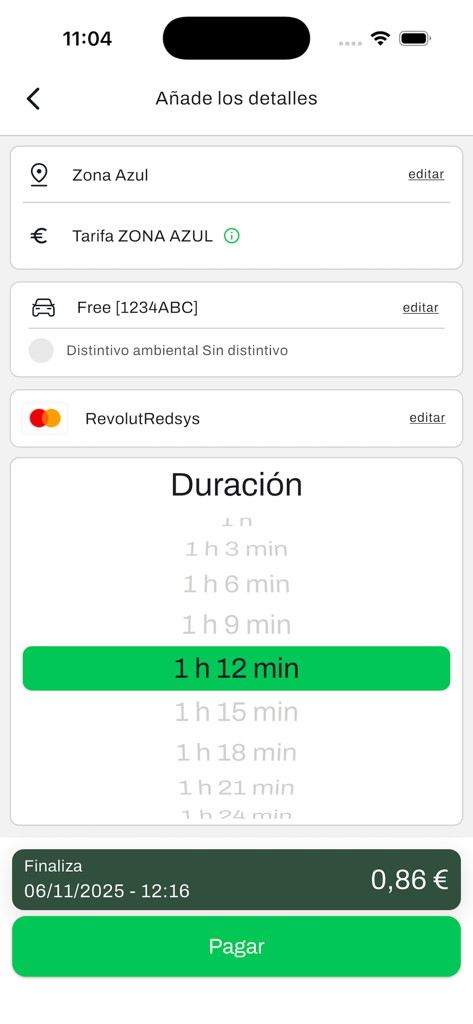 iParkCity - Parking payment configuration screen in the iParkCity app showing duration and price selection.