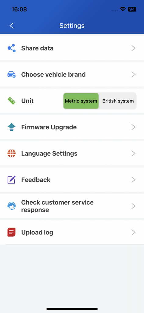 KDIAG - Menú de configuración de la aplicación de diagnóstico de automóviles KDIAG que muestra opciones para la selección de marca de vehículo, unidades e idioma
