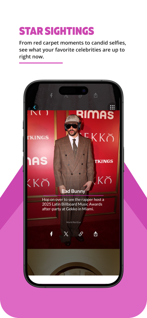 E Newsアプリのインターフェース。バッド・バニーのレッドカーペット写真とともに、スター・サイティング機能を表示。