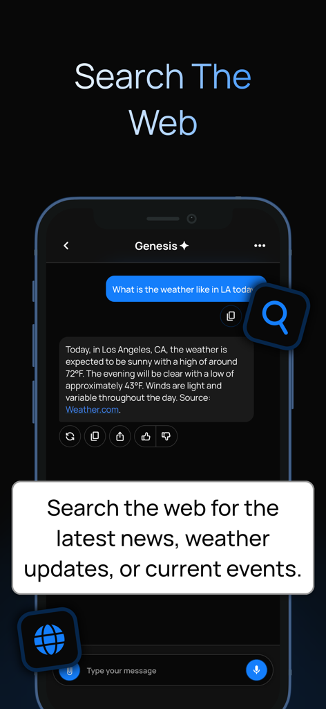 Interface of Genesis AI chatbot providing a real-time weather update for Los Angeles through a web search feature.