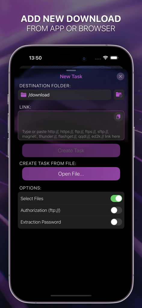 NASDL Manager - Interface of NASDL Manager on an iPhone showing the New Task screen to add downloads from a link or file to a Synology NAS.
