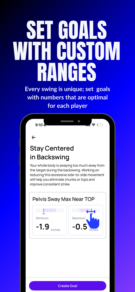 Mobile app interface for setting custom golf swing goals and 3D motion data ranges for pelvis sway