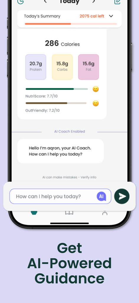 aqron: AI Calorie Counter - Aqron app interface showing AI coach chat and nutritional health scores