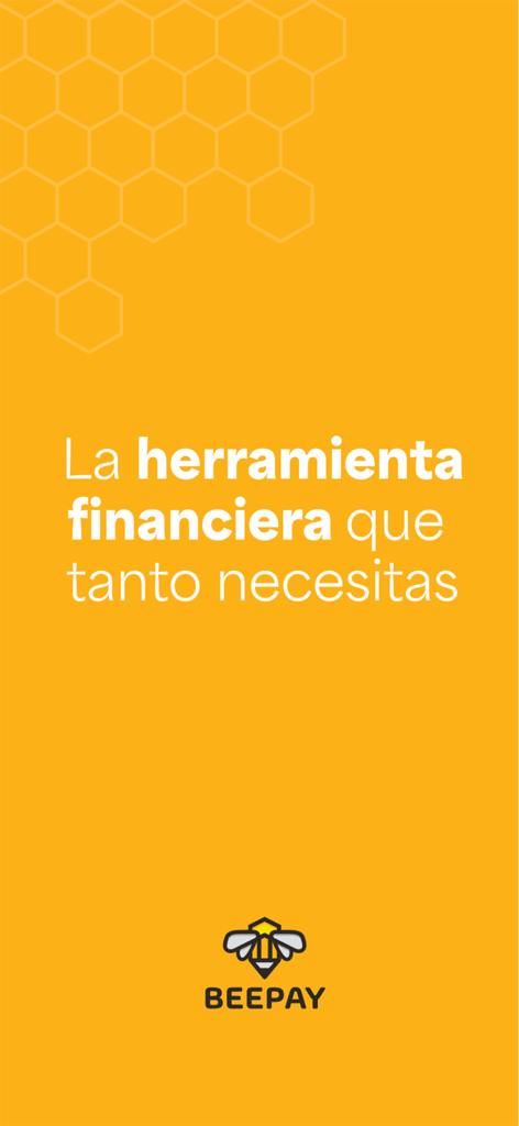 BeePay - Pantalla de bienvenida de la aplicación financiera BeePay en español con el logo de la abeja