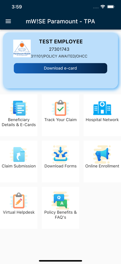 Dashboard of the mW!se app showing insurance claim and hospital network features