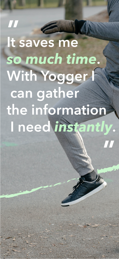 Yogger: Movement Analysis App - An athlete performing a movement with a testimonial quote about the efficiency of the Yogger app