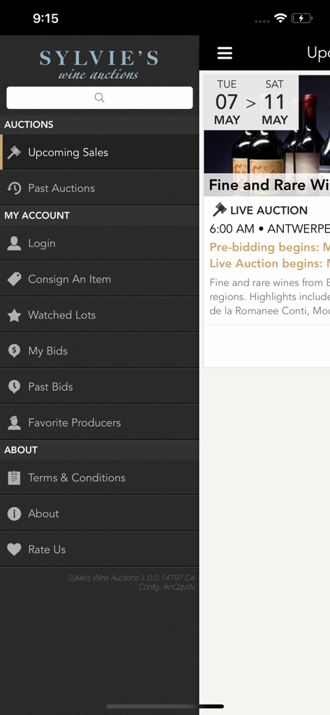 Sylvie's Wine Auctions - Mobile app navigation menu for Sylvie's Wine Auctions showing bidding and consignment options