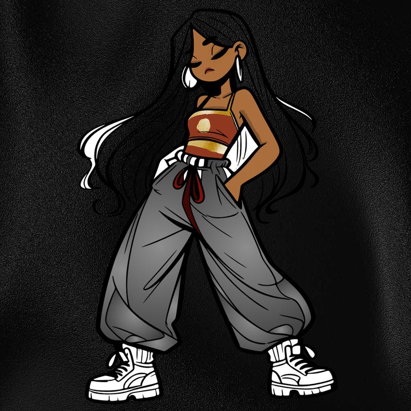 girl in baggy pants crop top and long hair