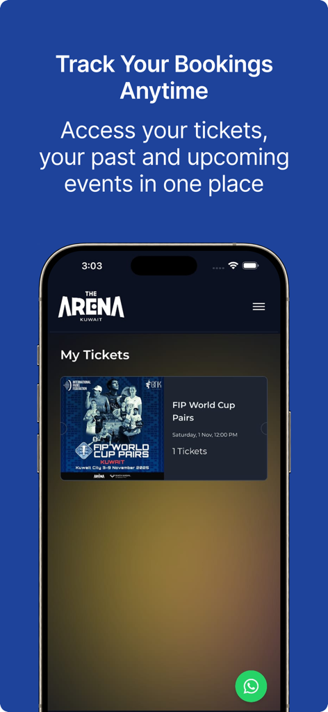 The Arena Kuwait - Una captura de pantalla móvil de la aplicación The Arena Kuwait que muestra una entrada digital para un evento en la sección Mis Entradas.