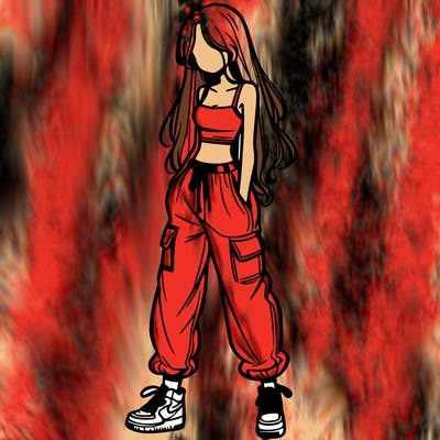 girl in baggy pants crop top and long hair