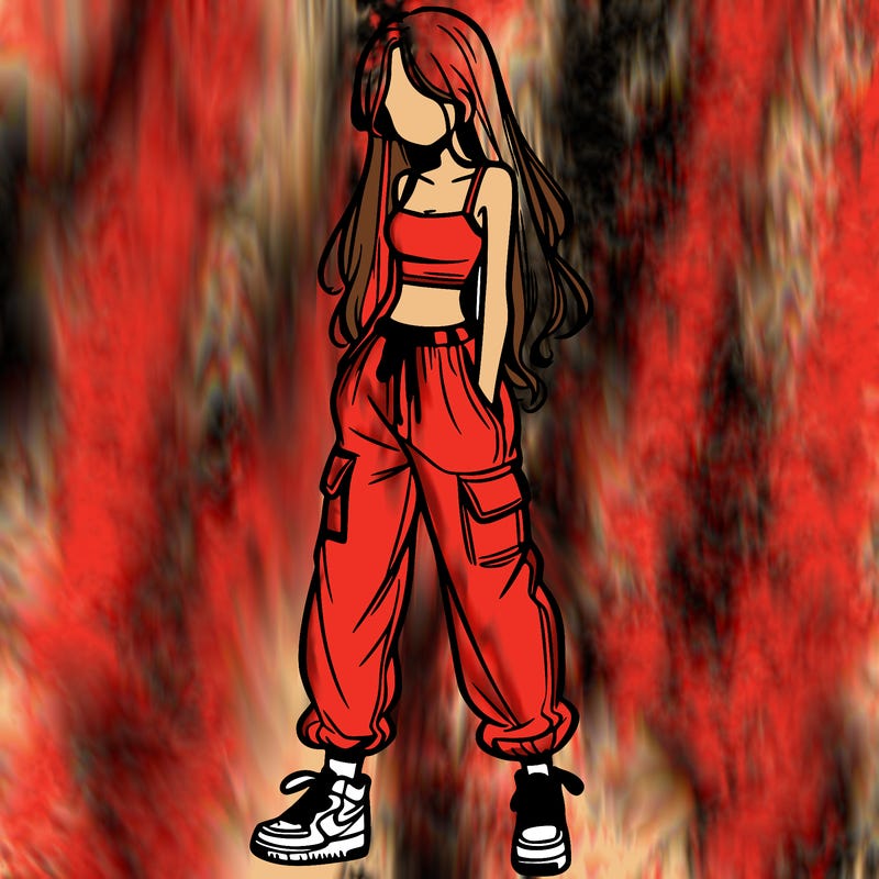 girl in baggy pants crop top and long hair