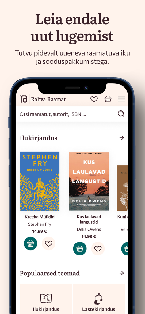 Rahva Raamat app interface showing Estonian fiction books and categories