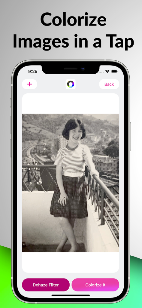 iPhone screen showing the Image Colorize app interface with a black and white vintage photo of a girl on a balcony and a Colorize It button.