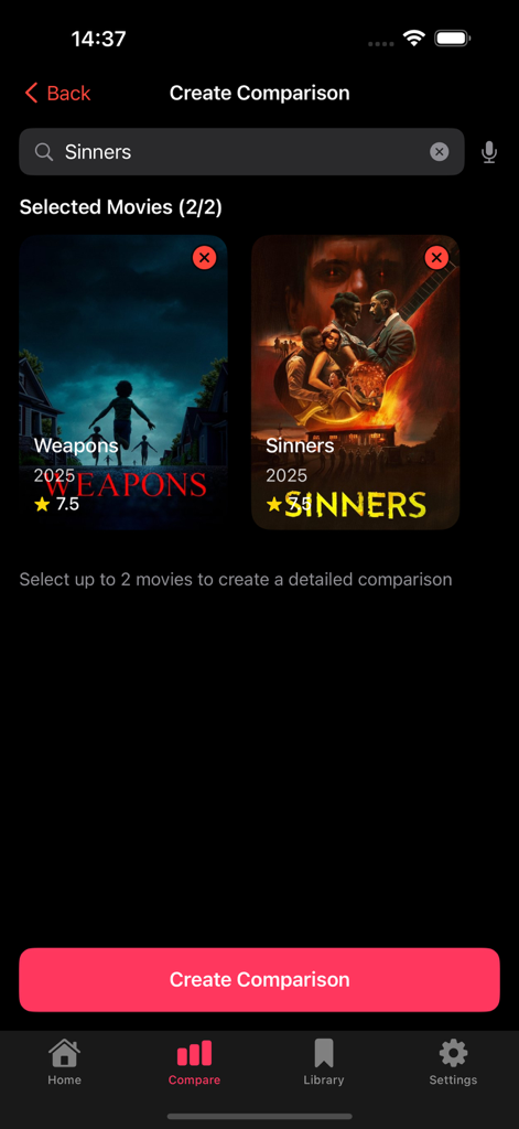 Dodo: Webview Movies By Moods - A mobile screen from the Dodo app showing two selected movies for a side-by-side comparison