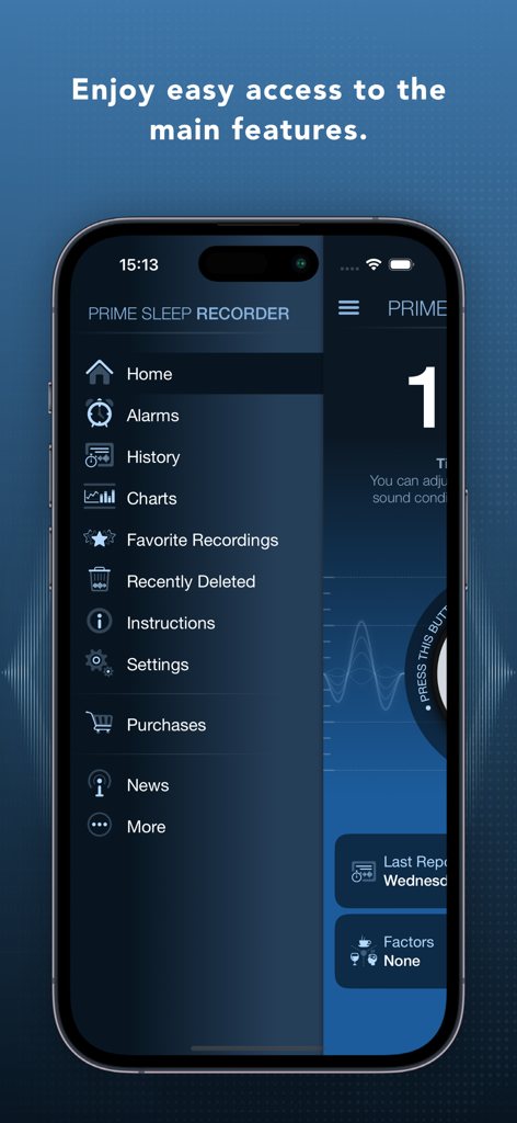 Prime Sleep Recorder Pro - Side navigation menu of the Prime Sleep Recorder Pro app showing features like alarms history and charts