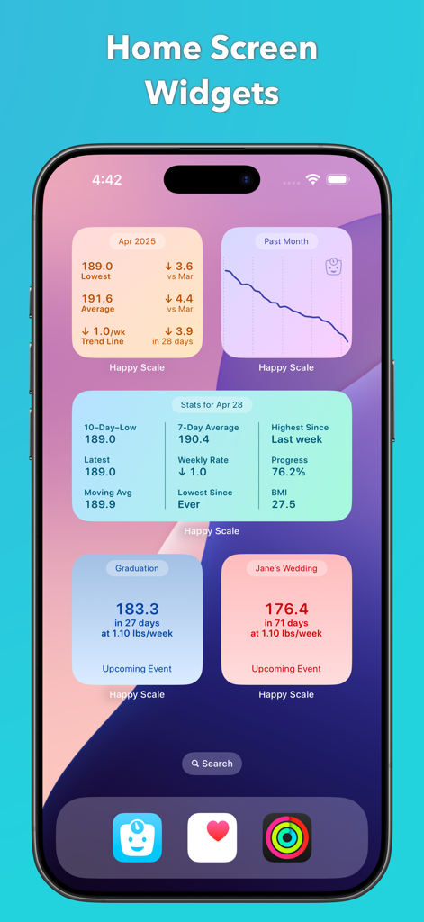 Happy Scale - Pantalla de inicio del iPhone que muestra múltiples widgets de Happy Scale con tendencias de peso y cuentas regresivas de eventos