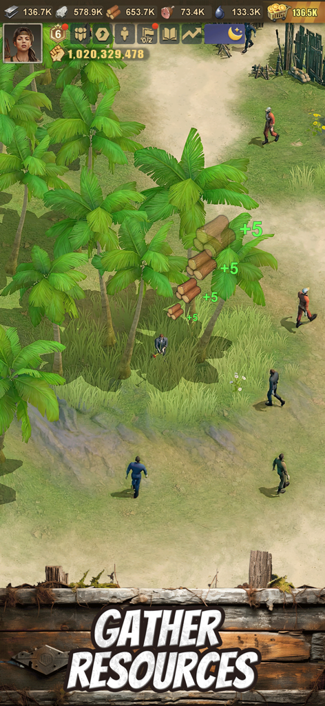 LOST in Blue 2 모바일 게임에서 생존자들이 야자수에서 나무를 모으는 모습