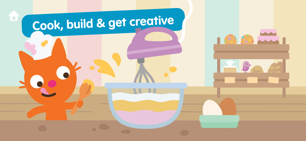 El personaje del gato naranja Jinja con un gorro de chef mezclando ingredientes en un bol