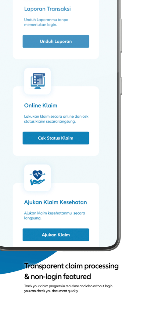 Allianz eAZy connect - Allianz eAZy connect app screen displaying options for online claims health claim submission and transaction reports