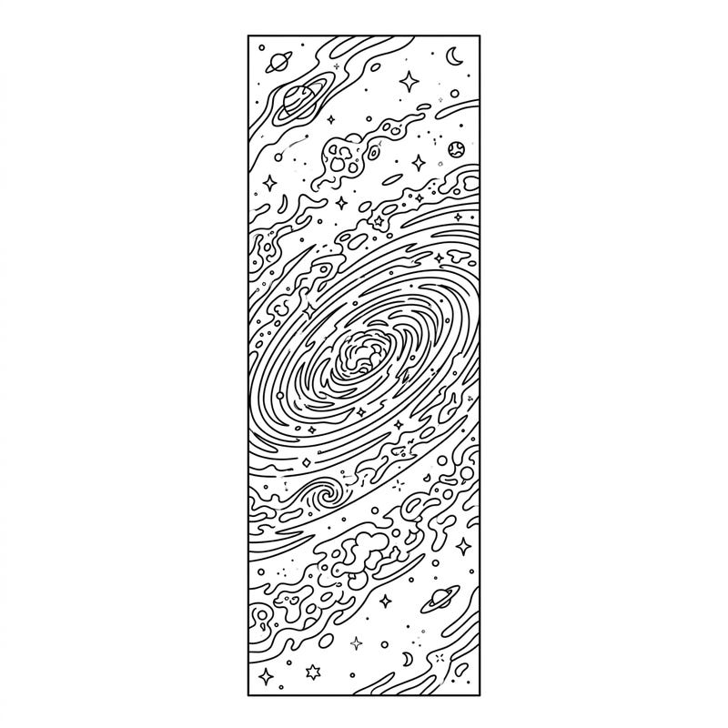 Embark on an intergalactic adventure with this captivating spiral galaxy coloring bookmark. Its intricate design features a swirling cosmic core, surrounded by a universe of stars, planets, and nebulae, ready for your creative touch.