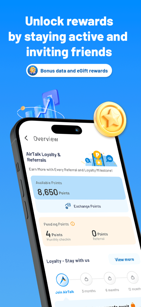 AirTalk Wireless - Un smartphone montrant le tableau de bord des récompenses de fidélité et de parrainage d'AirTalk Wireless avec les points disponibles et les étapes du programme.
