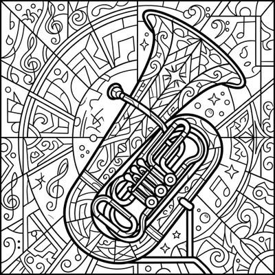 Discover a unique artistic blend with our Tuba in Stained Glass style coloring page, designed specifically for teens. This intricate design features a grand tuba surrounded by dynamic musical and geometric patterns, promising hours of creative engagement.