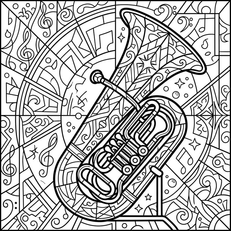 Discover a unique artistic blend with our Tuba in Stained Glass style coloring page, designed specifically for teens. This intricate design features a grand tuba surrounded by dynamic musical and geometric patterns, promising hours of creative engagement.