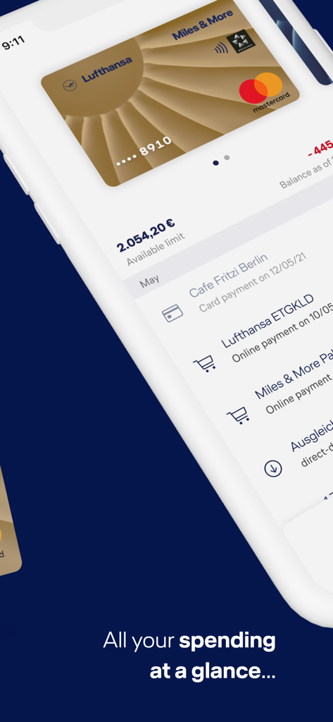 Miles & More Credit Card - Interface of Miles and More credit card app showing spending history and available limit