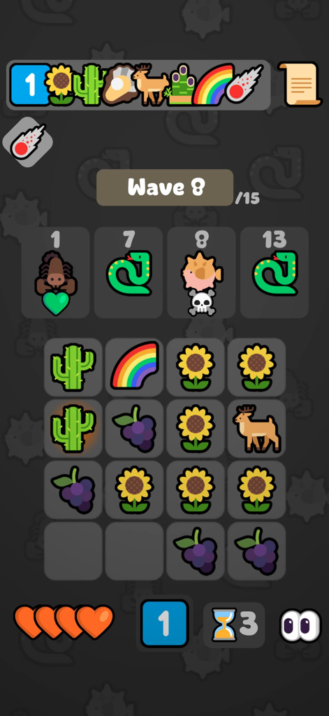 Merge Maestro - Gameplay screenshot of Merge Maestro showing an emoji-based puzzle grid during wave eight