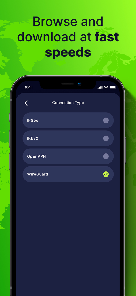 Private & Secure VPN: TorGuard - L'interface de l'application VPN TorGuard affiche différentes options de protocole de connexion, WireGuard étant sélectionné.