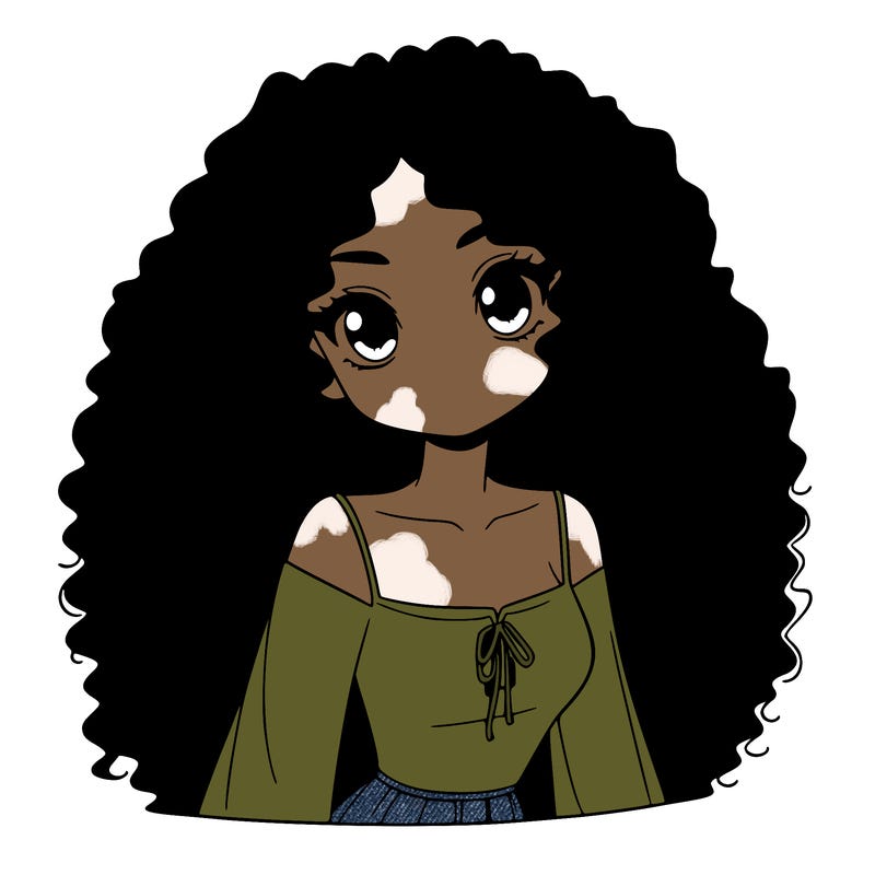 a black anime girl with long afro hair