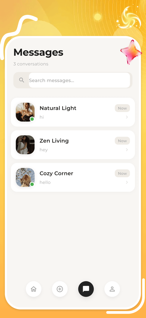 Sopao - Interface of Sopao app showing a list of atmospheric message threads like Natural Light and Zen Living.
