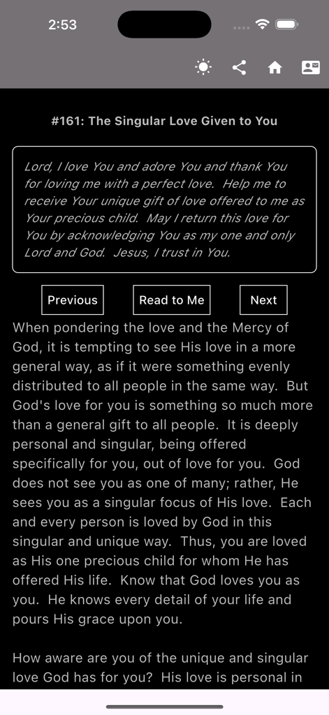 Reflections on Divine Mercy - Daily prayer and reflection interface in the Reflections on Divine Mercy mobile app.