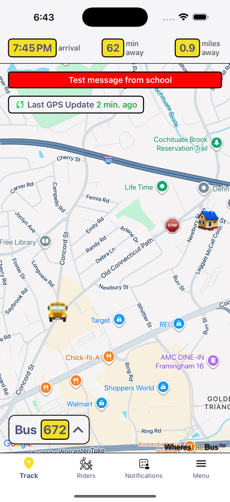 WheresTheBus - Real-time school bus tracking map showing arrival time and location on a digital interface.