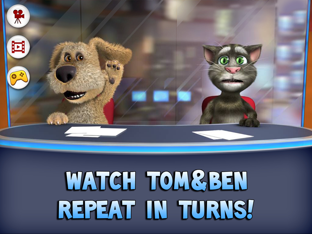 Talking Tom News for iPad - iPad版トーキング・トム・ニュースアプリのテレビスタジオで、ニュースアンカーを務めるトーキング・トムとトーキング・ベン
