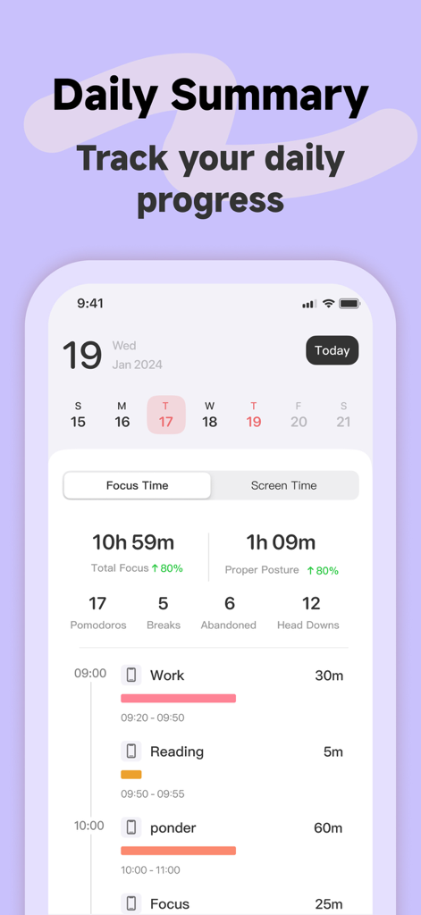Pomo Up - Pomodoro Timer - Pomo Upアプリの毎日の概要画面。集中時間メトリクスと詳細なアクティビティタイムラインが表示されています。
