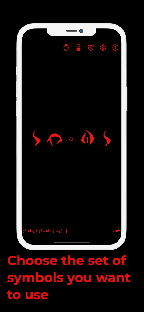 Predator Clock - Alien time - Interface of the Predator Clock app showing a selection of red alien symbols on a black background.