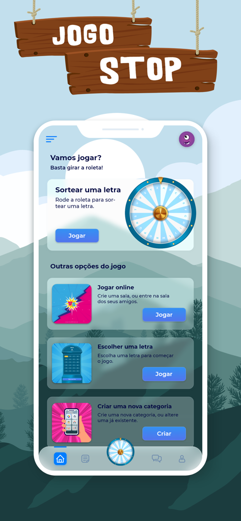Jogo Stop - Adedonha - Interface principal do aplicativo Jogo Stop Adedonha mostrando uma roda giratória de letras e modos de jogo