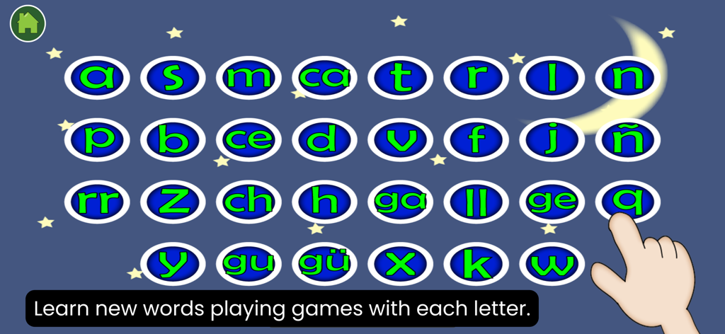 Lee Paso a Paso - Interactive menu of the Lee Paso a Paso app featuring Spanish syllables and letters in blue circles on a night background.