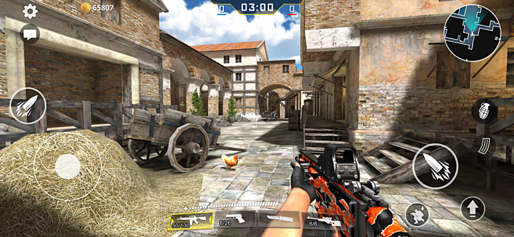 A first-person view of the mobile game GO Strike showing a player holding a tactical rifle in a historical town square.