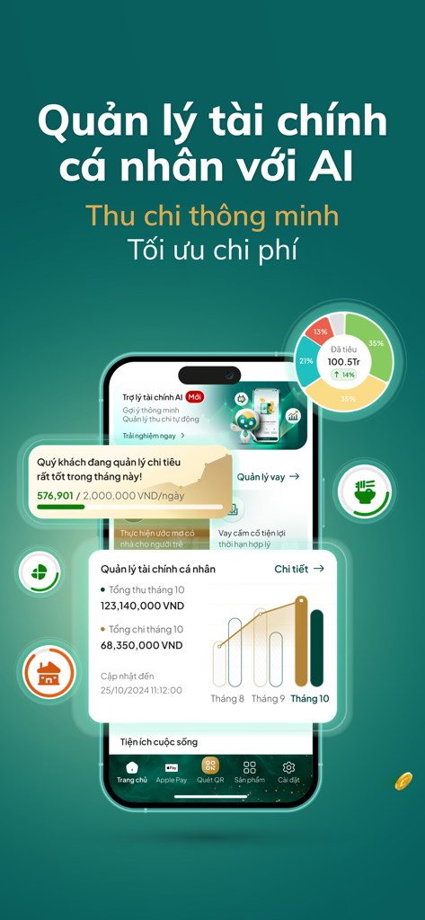 A smartphone screen displaying the BIDV SmartBanking app featuring AI personal financial management, income and expense charts, and a spending report dashboard.